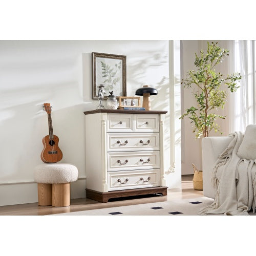 Farmhouse 5-Drawer Dresser - Rustic Walnut Chest with Wooden Base & Antique Pulls