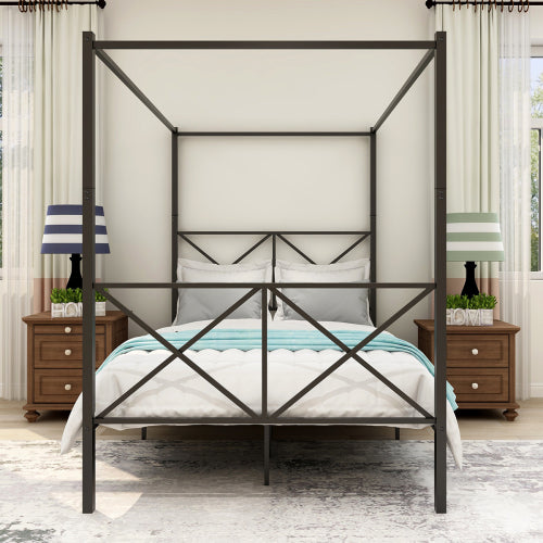 Full Size Metal Canopy Bed Frame - Black Platform Bed with Storage