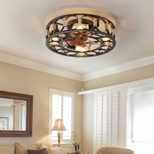 Farmhouse Cage Ceiling Fan with LED Light & Remote - Low Profile