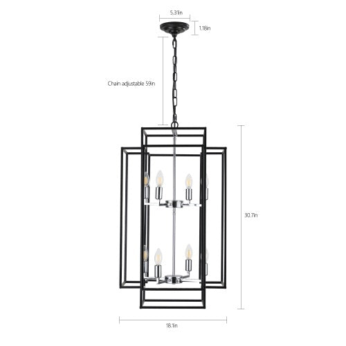 8-Light Industrial Farmhouse Chandelier - Black & Chrome Tiered Pendant