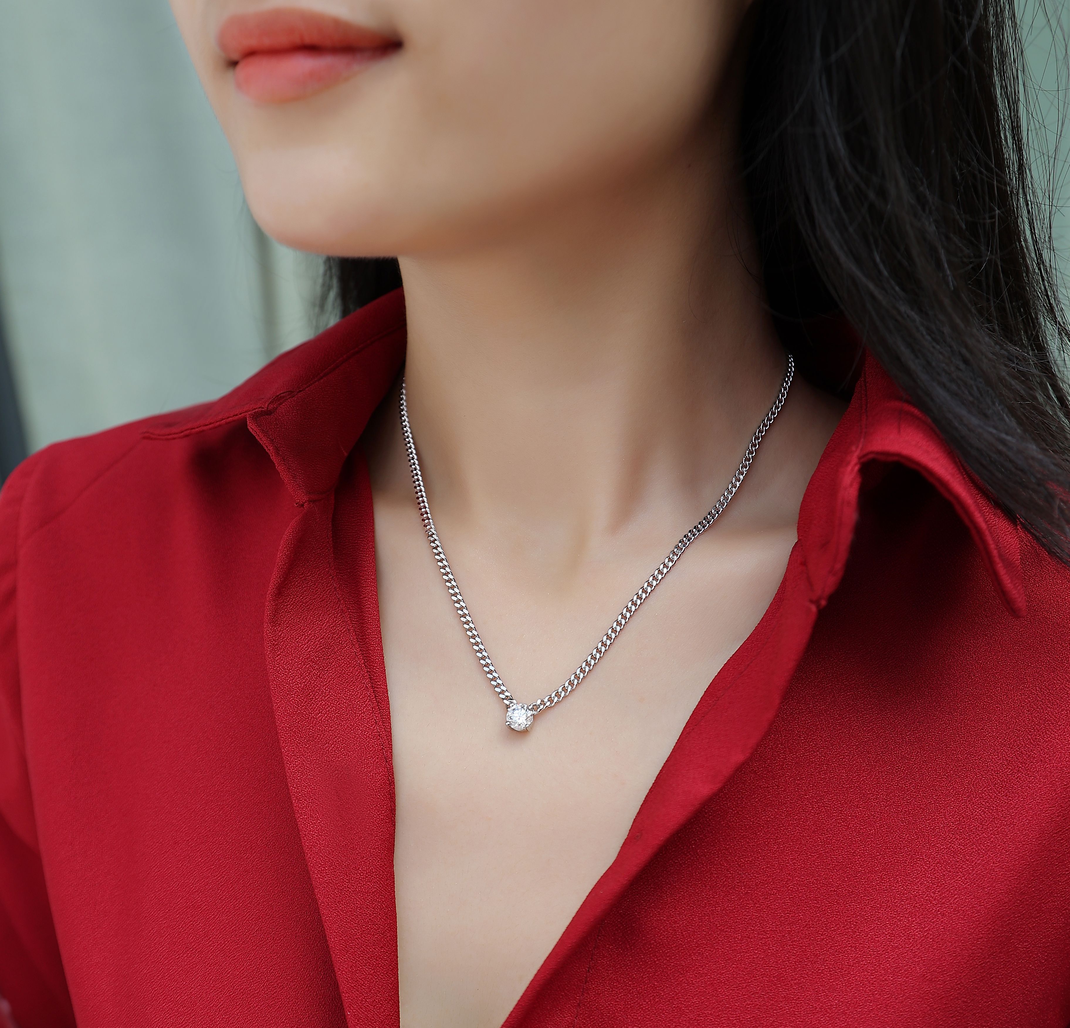 Cuban Chain Moissanite Pendant Necklace - 1 Carat S925 Sterling Silver
