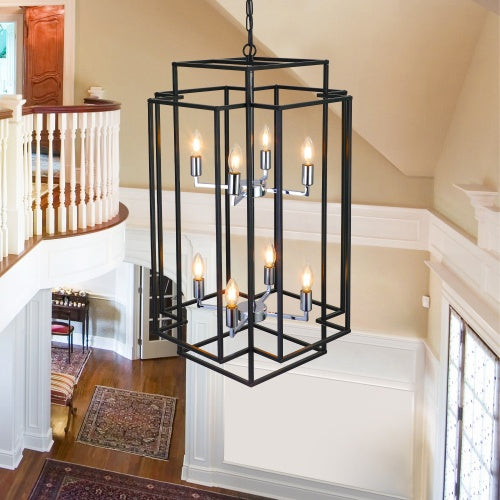 8-Light Industrial Farmhouse Chandelier - Black & Chrome Tiered Pendant