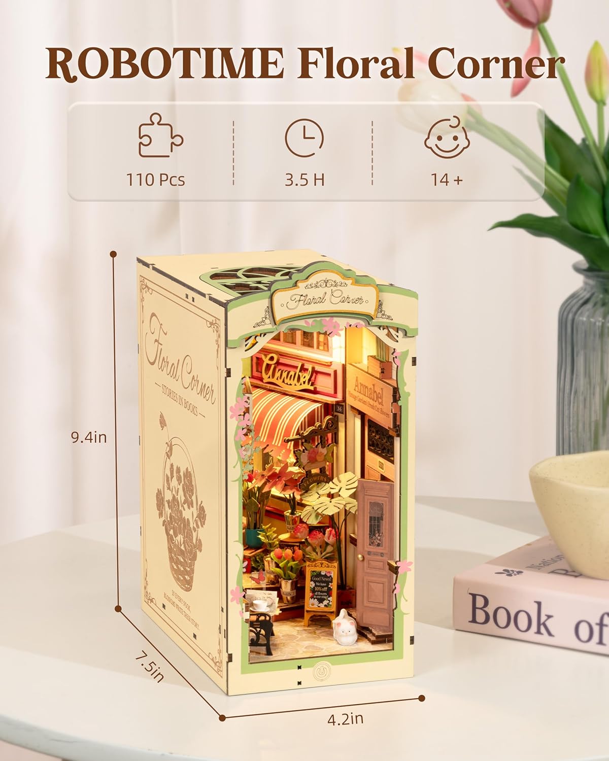 Rolife Floral Corner DIY Book Nook Shelf Insert Kit 3D Wooden Dollhouse