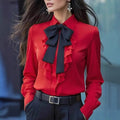 Women's Ruffle Trim Blouse with Bow Tie - Long Sleeve Office Shirt