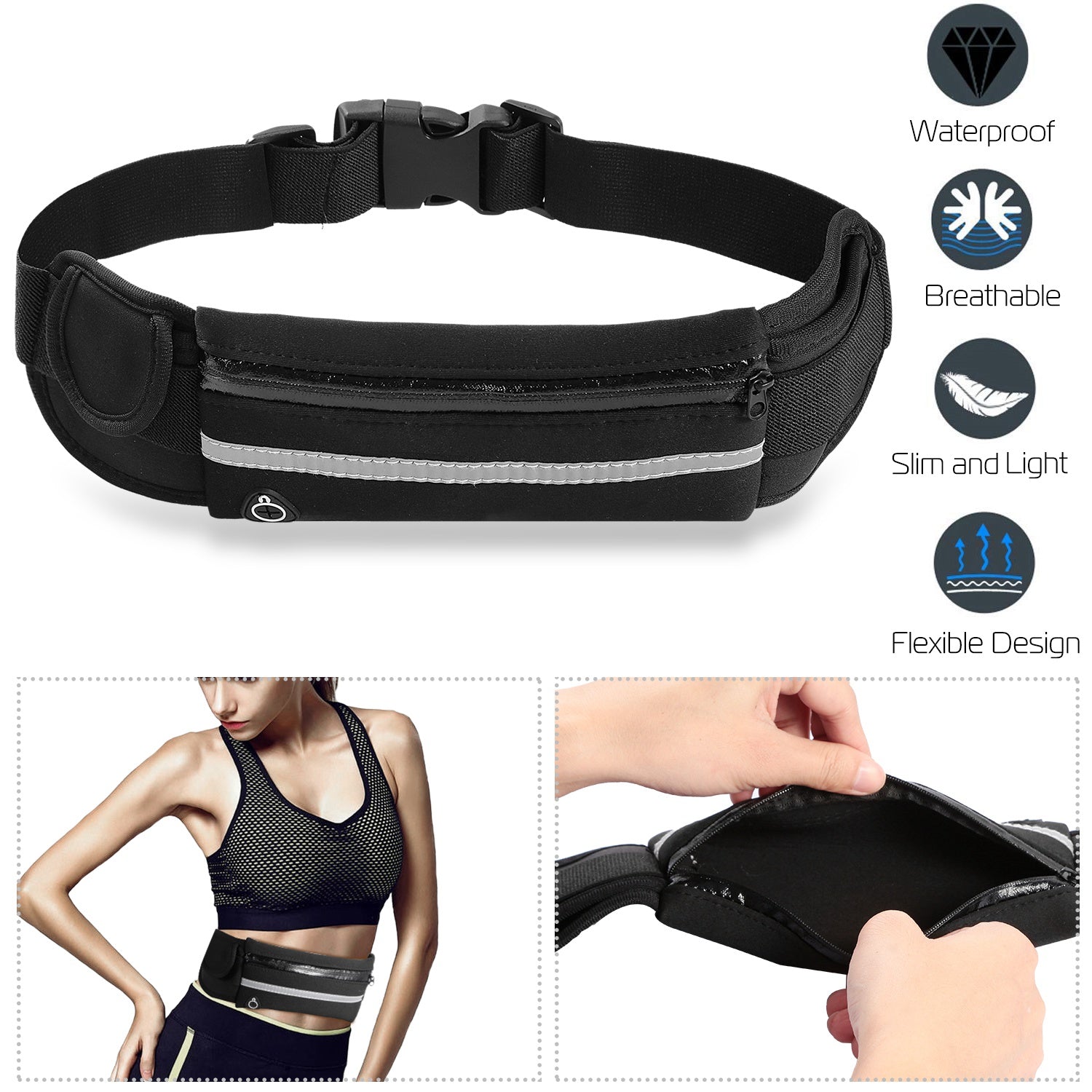Waterproof Running Belt with 3 Pockets - Adjustable Waist Pack