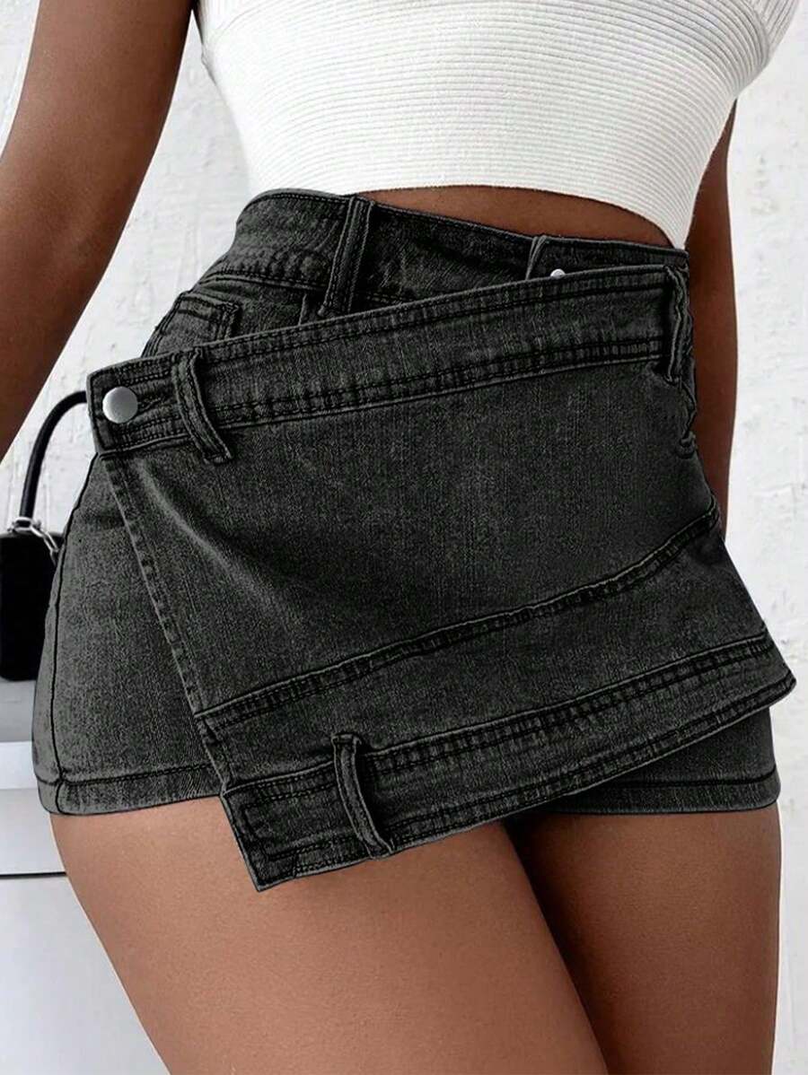 Grunge Denim Skort - Asymmetric Wrap Style with Stretchy Fit