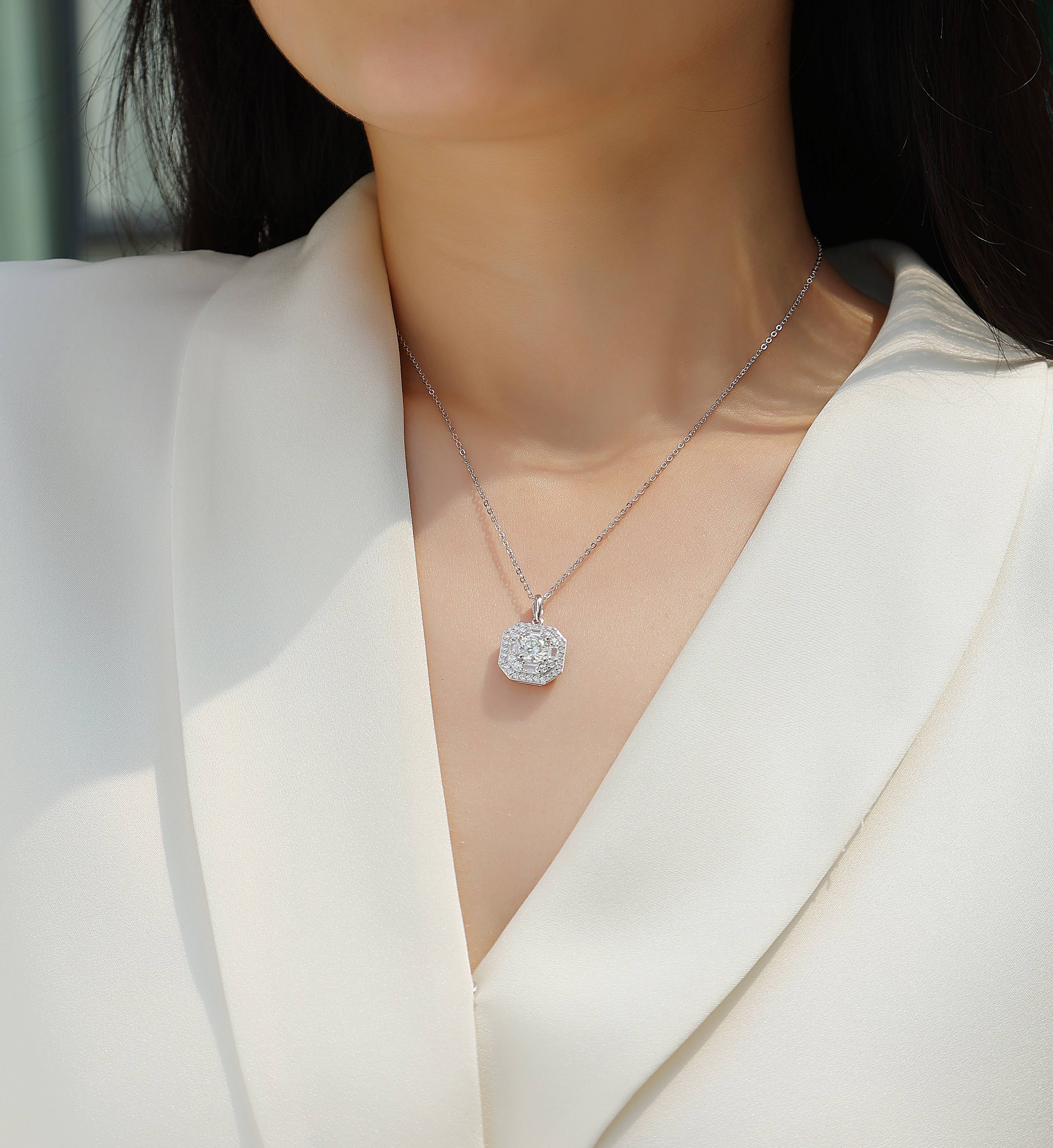 Square Halo Moissanite Pendant Necklace — 1ct, S925 Sterling Silver, Platinum-Plated