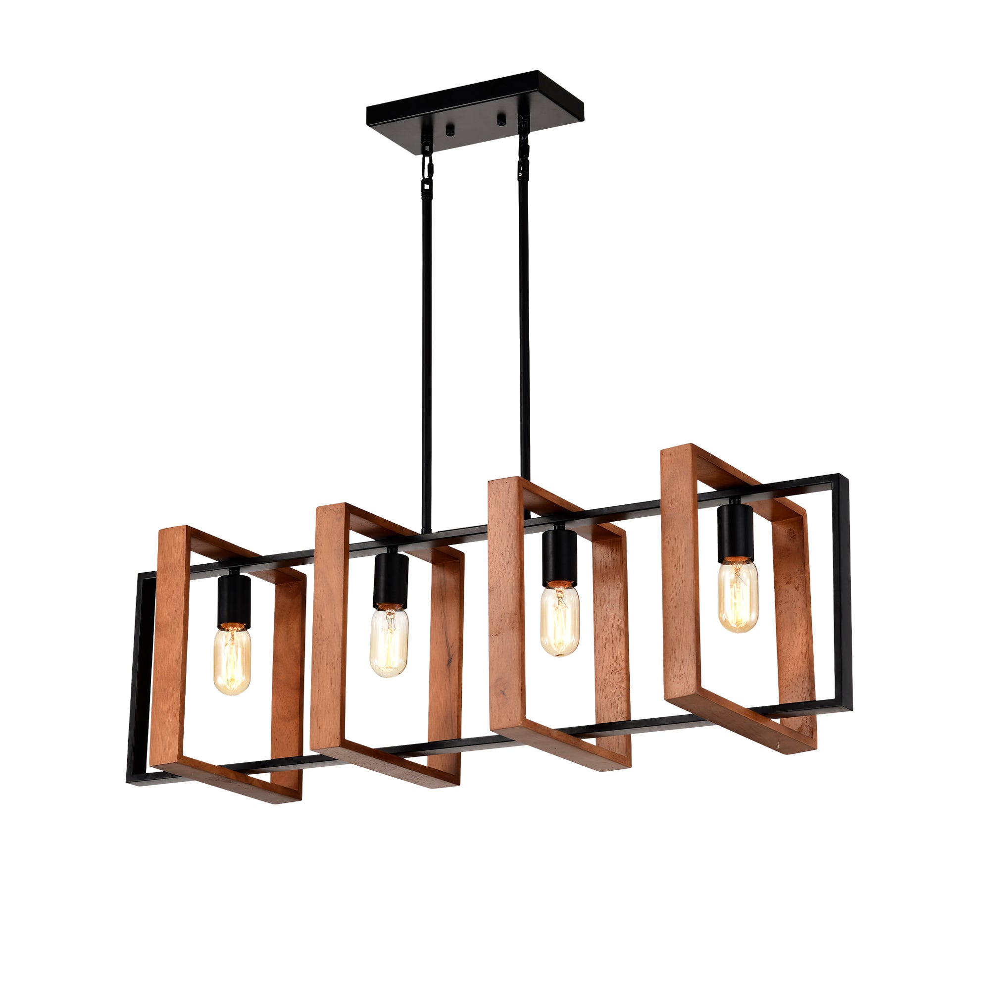 Rustic Farmhouse Chandelier - 4-Light Wood & Black Metal Pendant (36")
