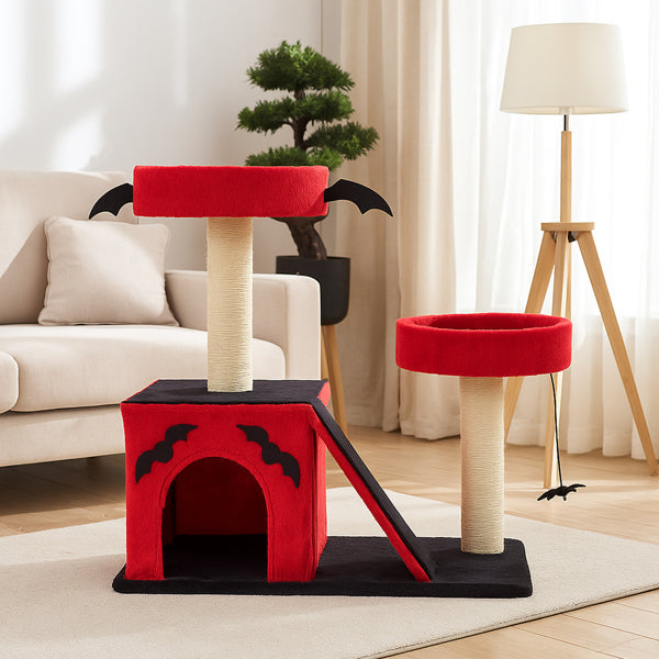 Gothic Cat Tree - Red & Black Halloween Cat Tower with Bat Wings