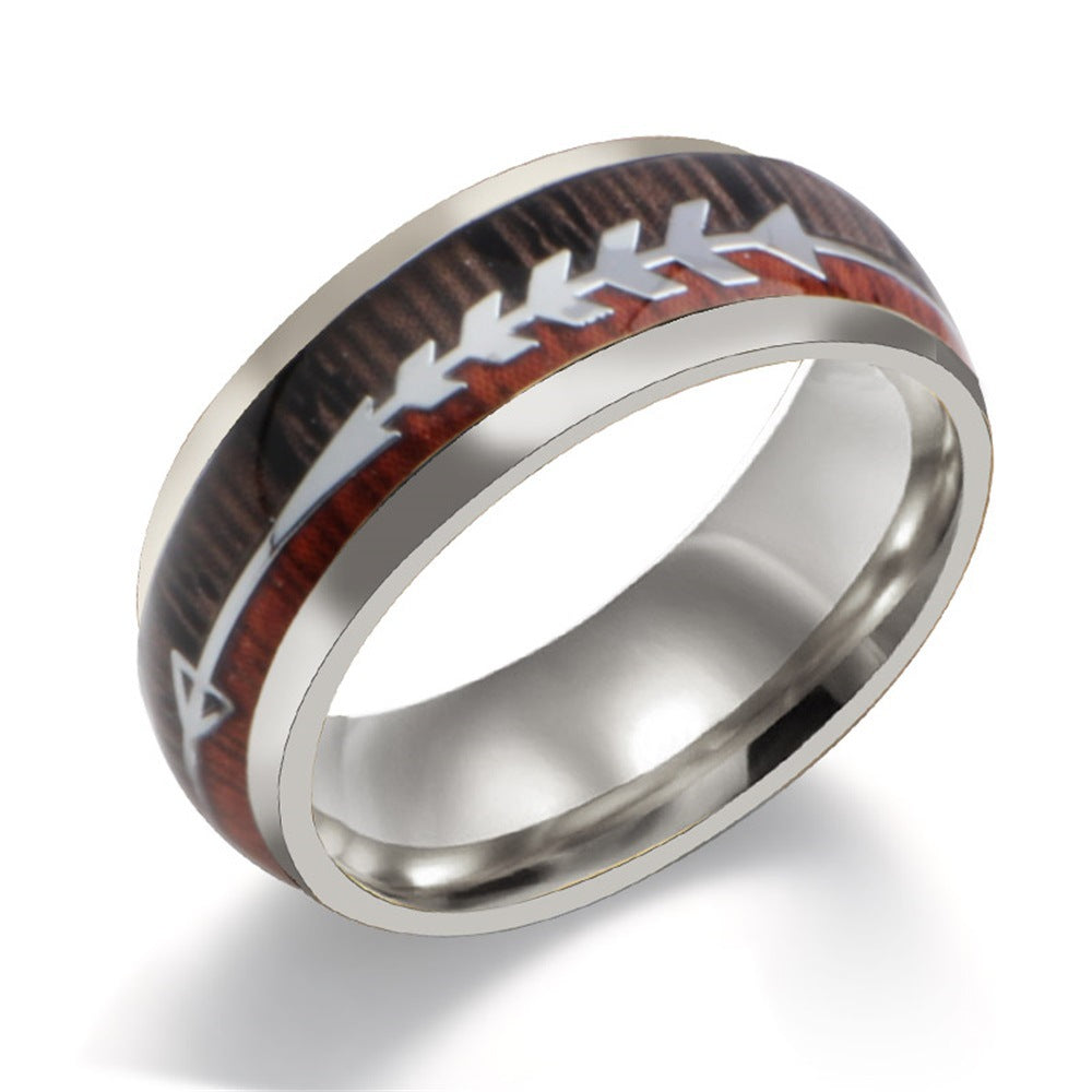 Stainless Steel Wood Grain Arrow Inlaid Ring - 3 Colors Available!