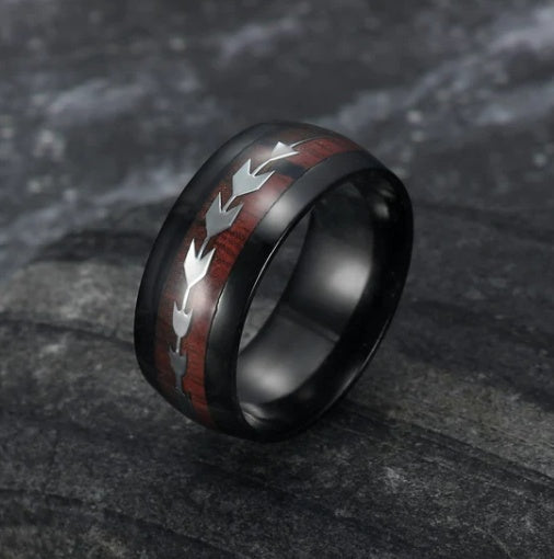 Stainless Steel Wood Grain Arrow Inlaid Ring - 3 Colors Available!