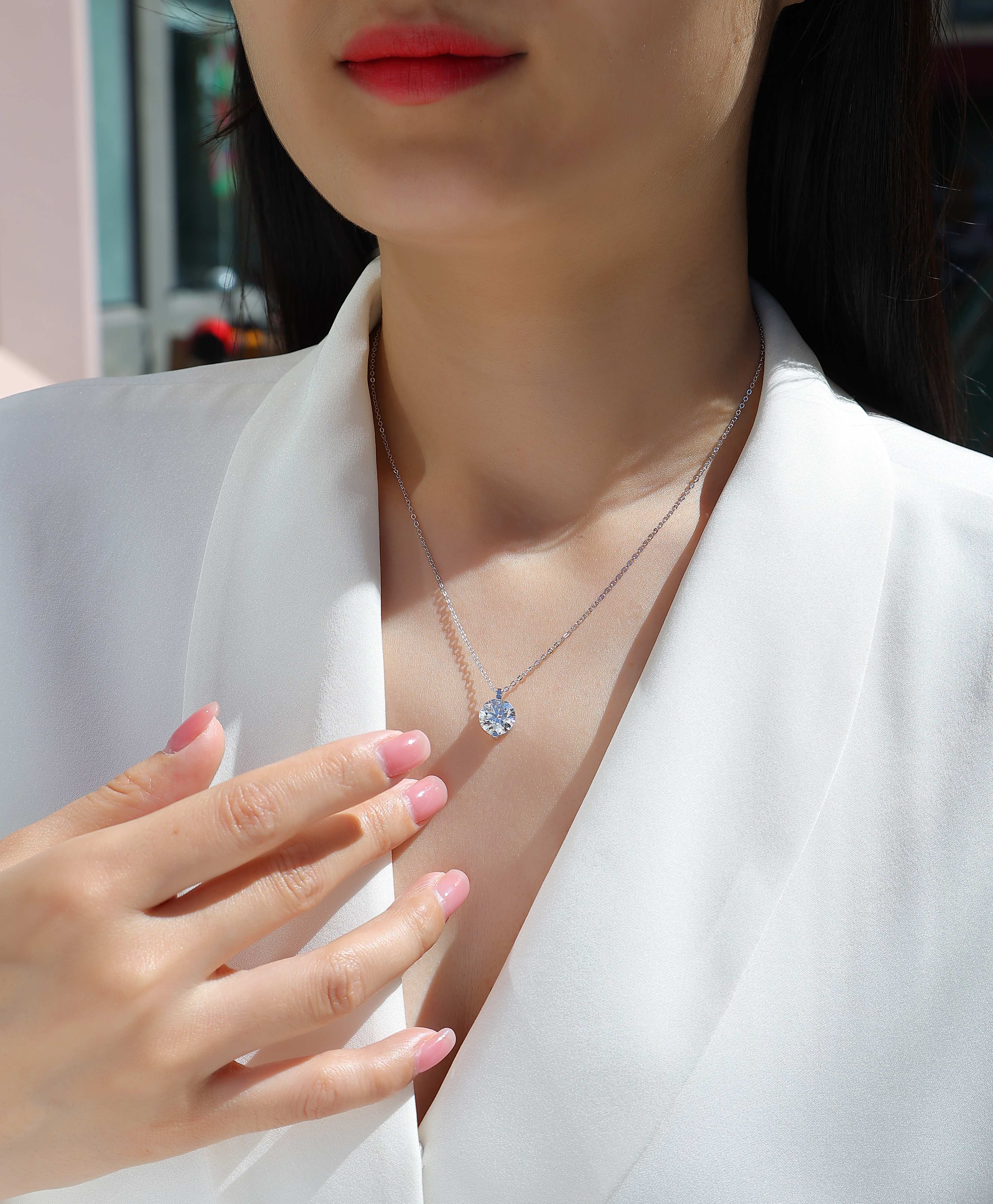 Moissanite Solitaire Pendant Necklace in S925 Sterling Silver with Platinum Plating