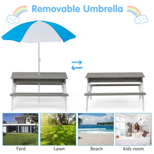 3-in-1 Kids Wooden Picnic Table with Umbrella - Sand & Water Play