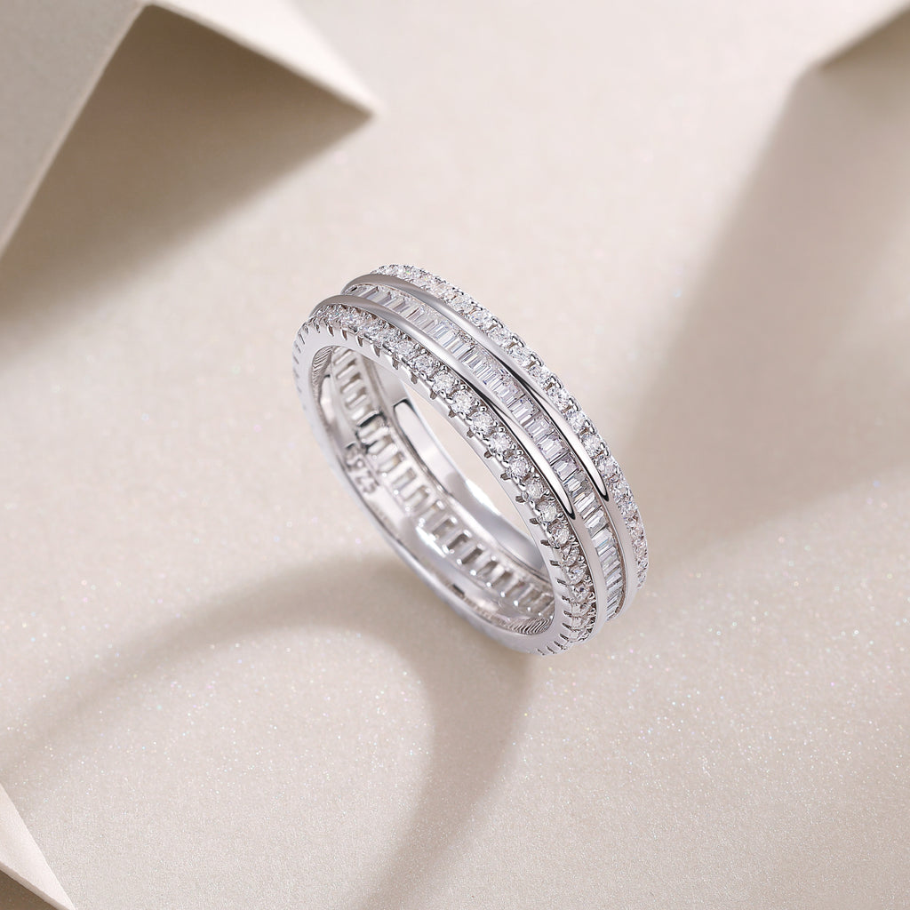 Double Row Square Moissanite Sterling Silver Ring