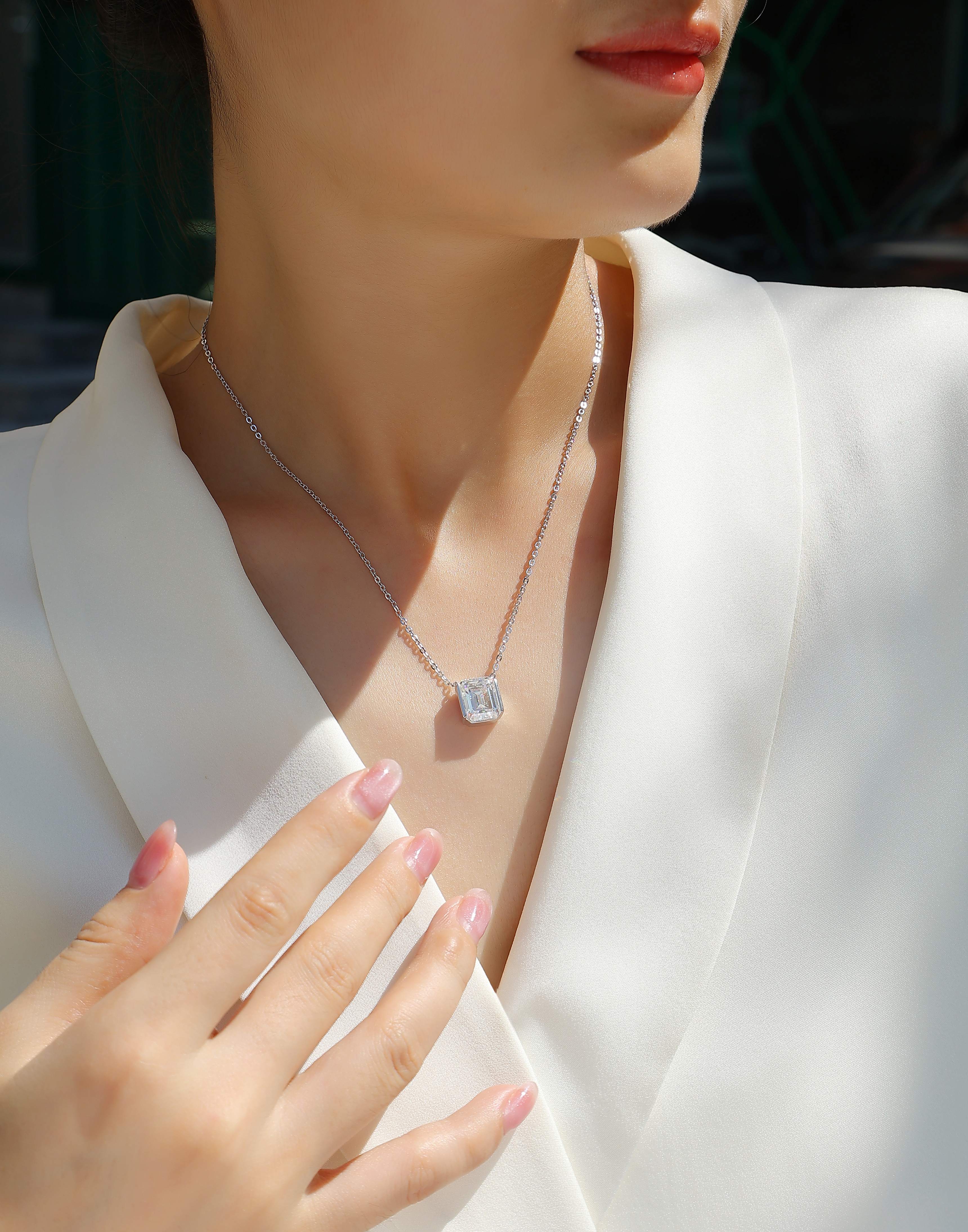 Octagonal Moissanite Platinum-Plated S925 Sterling Silver Pendant Necklace
