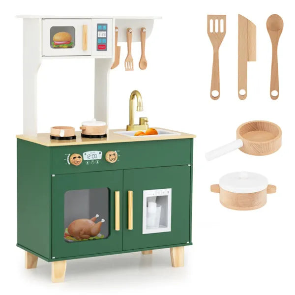 Kids Play Kitchen Set with Realistic Faucet & Ice Dispenser - Green Pretend Cooking Playset