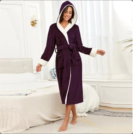 Plush Hooded Bathrobe - Oversized Soft Flannel Robe for Women