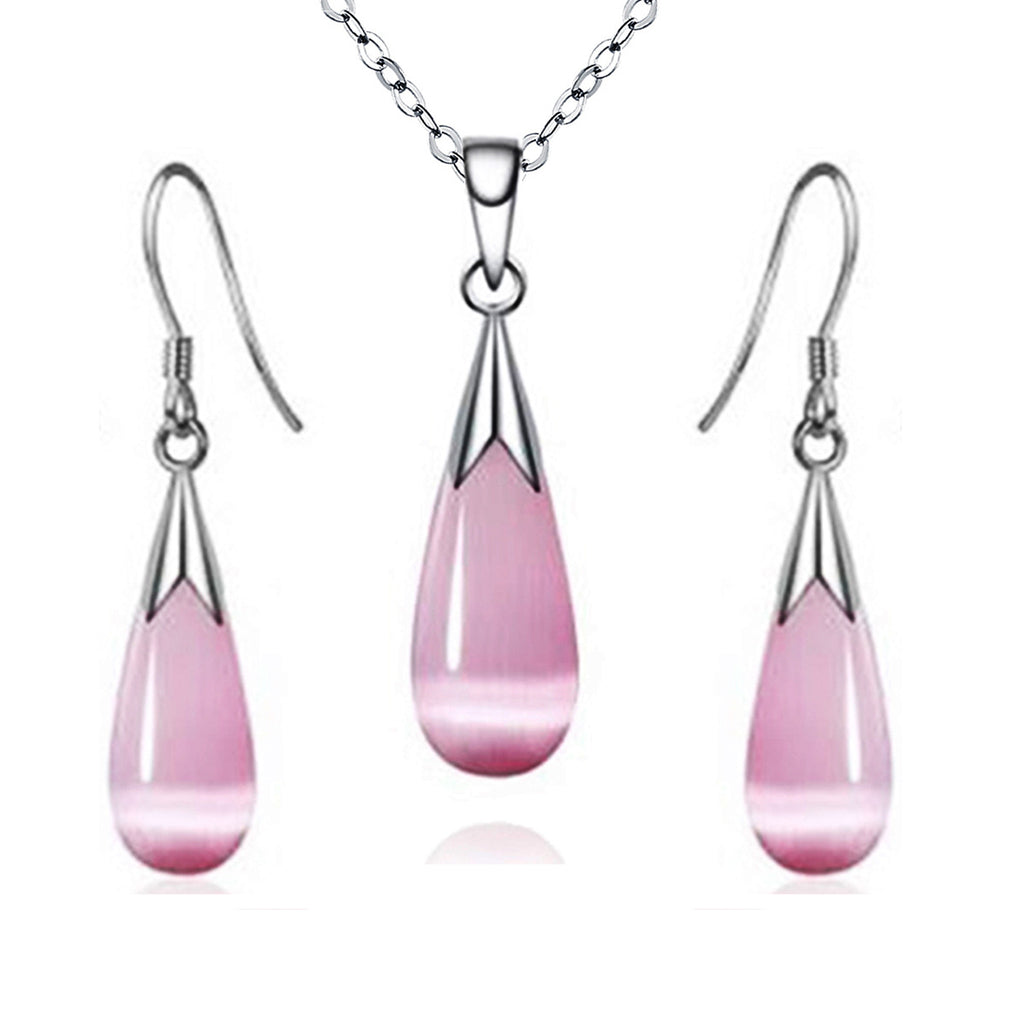 Moonstone Jewelry Set - 14K White Gold Plated Necklace & Earrings