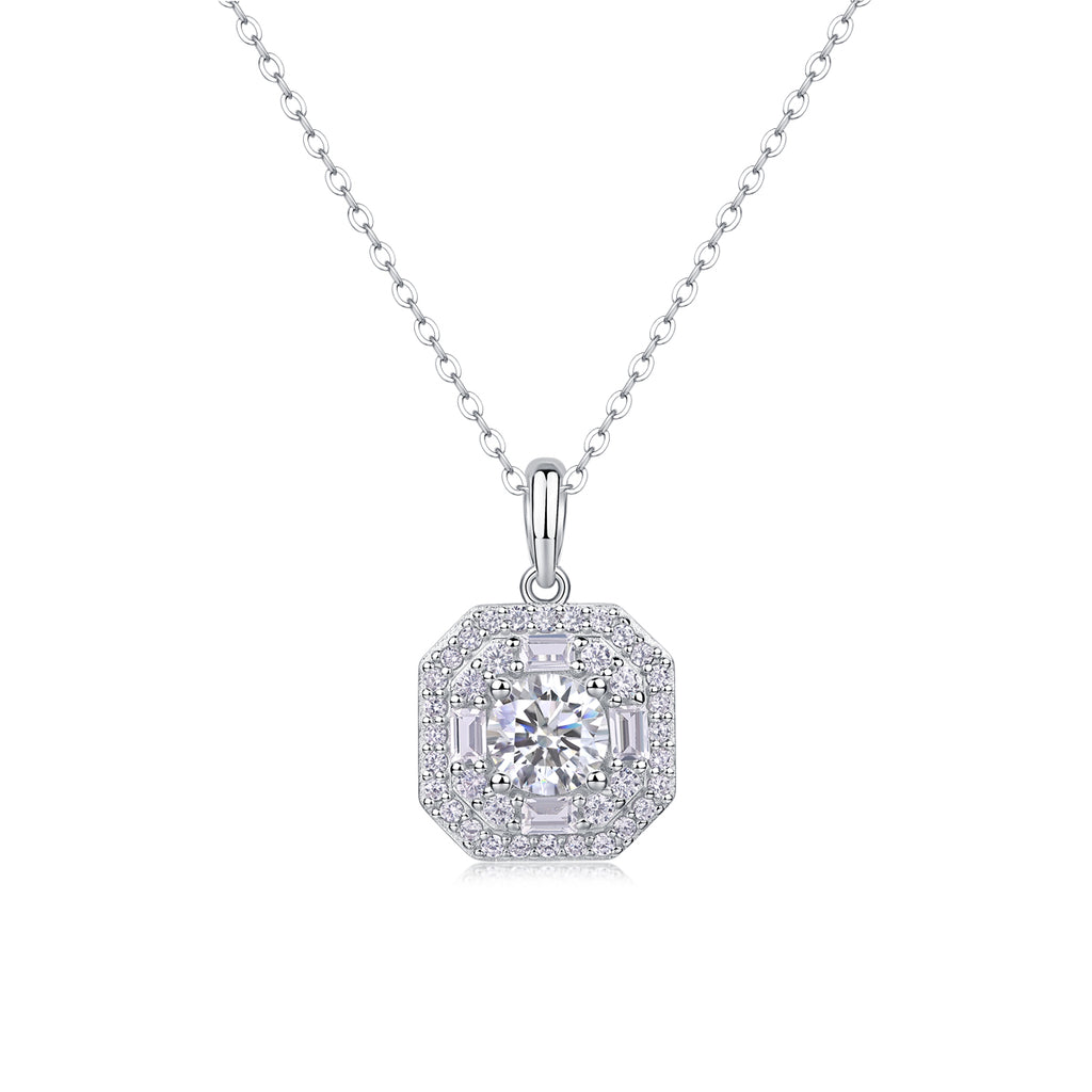 Square Halo Moissanite Pendant Necklace — 1ct, S925 Sterling Silver, Platinum-Plated