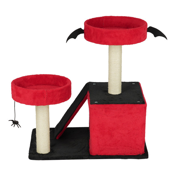 Gothic Cat Tree - Red & Black Halloween Cat Tower with Bat Wings