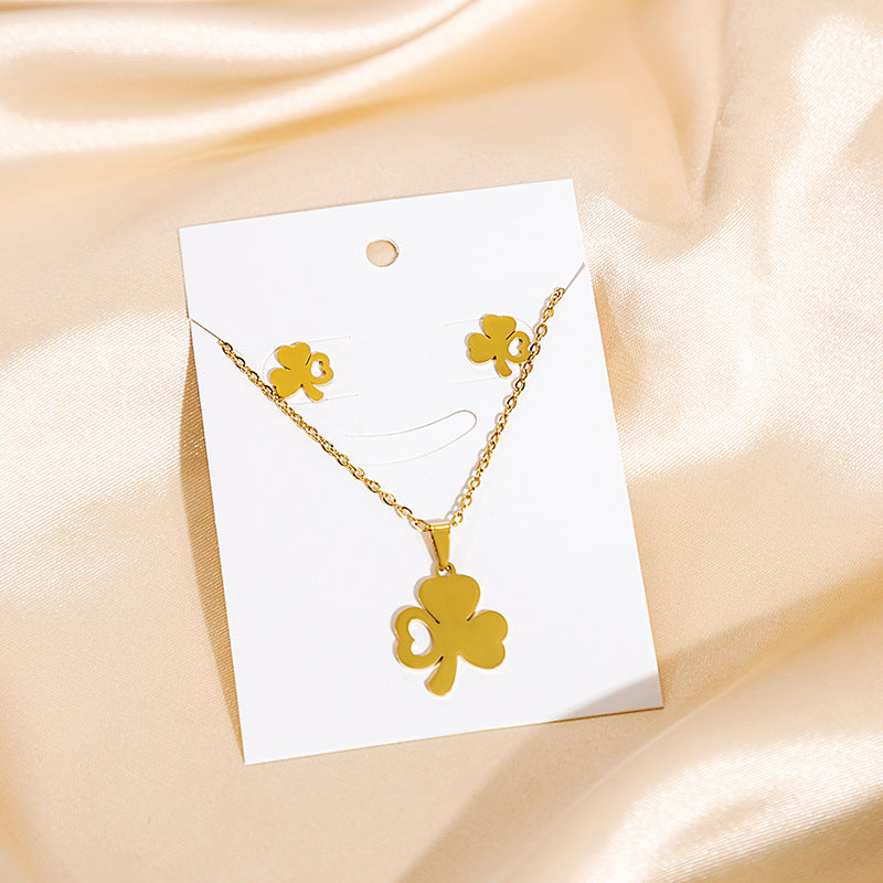 Lucky Clover Stainless Steel Necklace & Earring Set