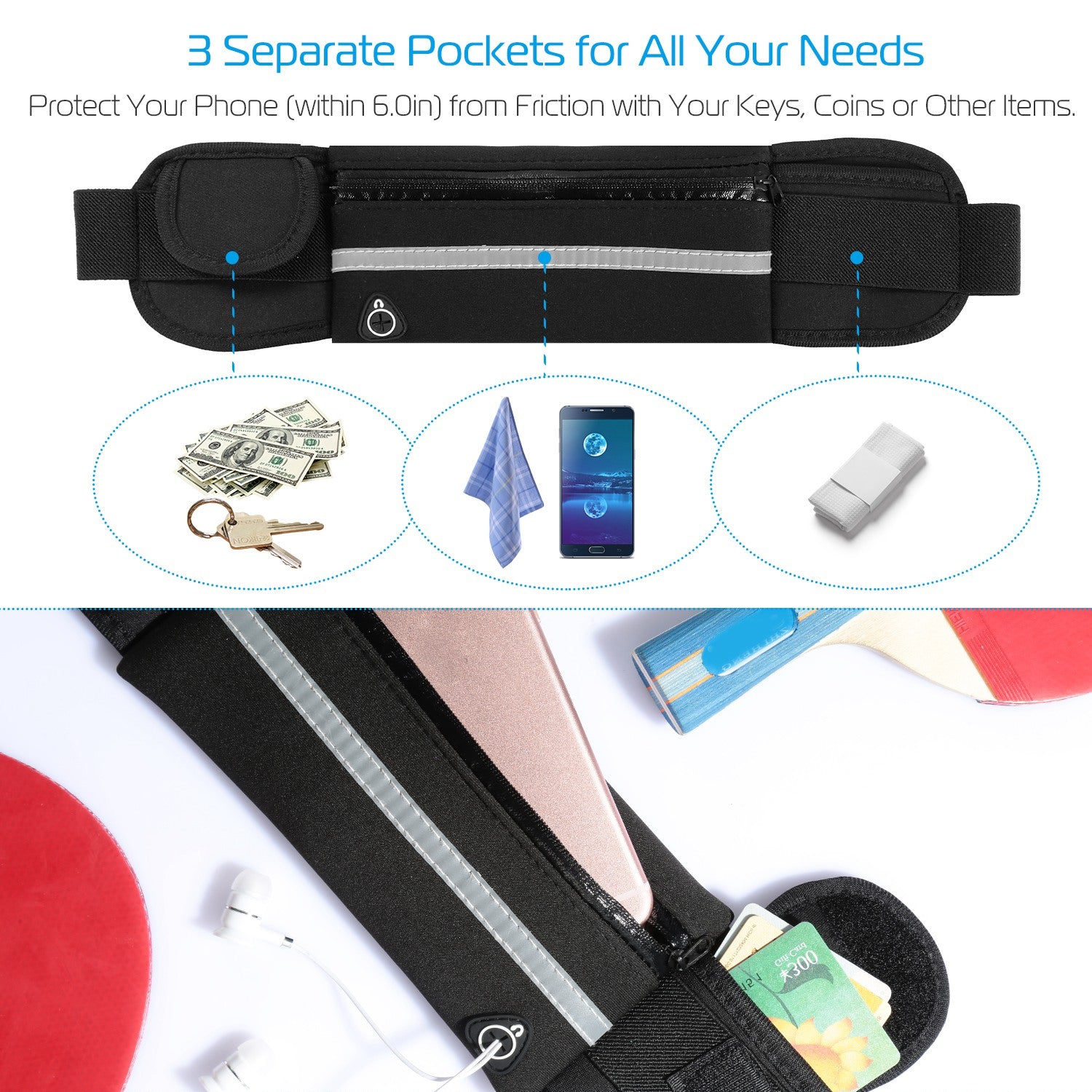 Waterproof Running Belt with 3 Pockets - Adjustable Waist Pack