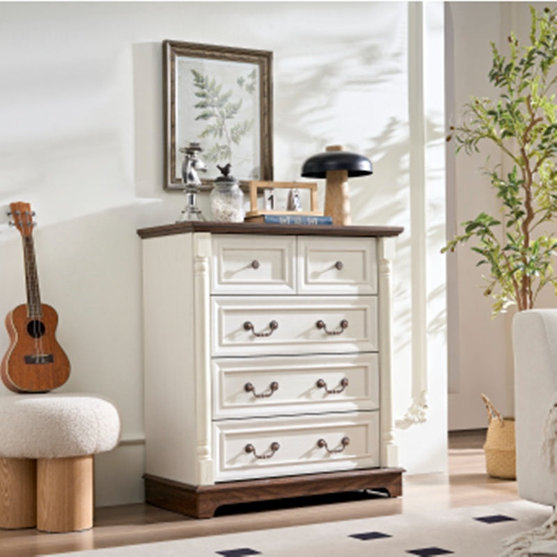Farmhouse 5-Drawer Dresser - Rustic Walnut Chest with Wooden Base & Antique Pulls