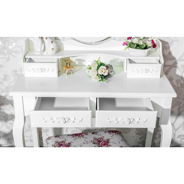White Vanity Table Set with Mirror & Stool - 4-Drawer Makeup Dresser