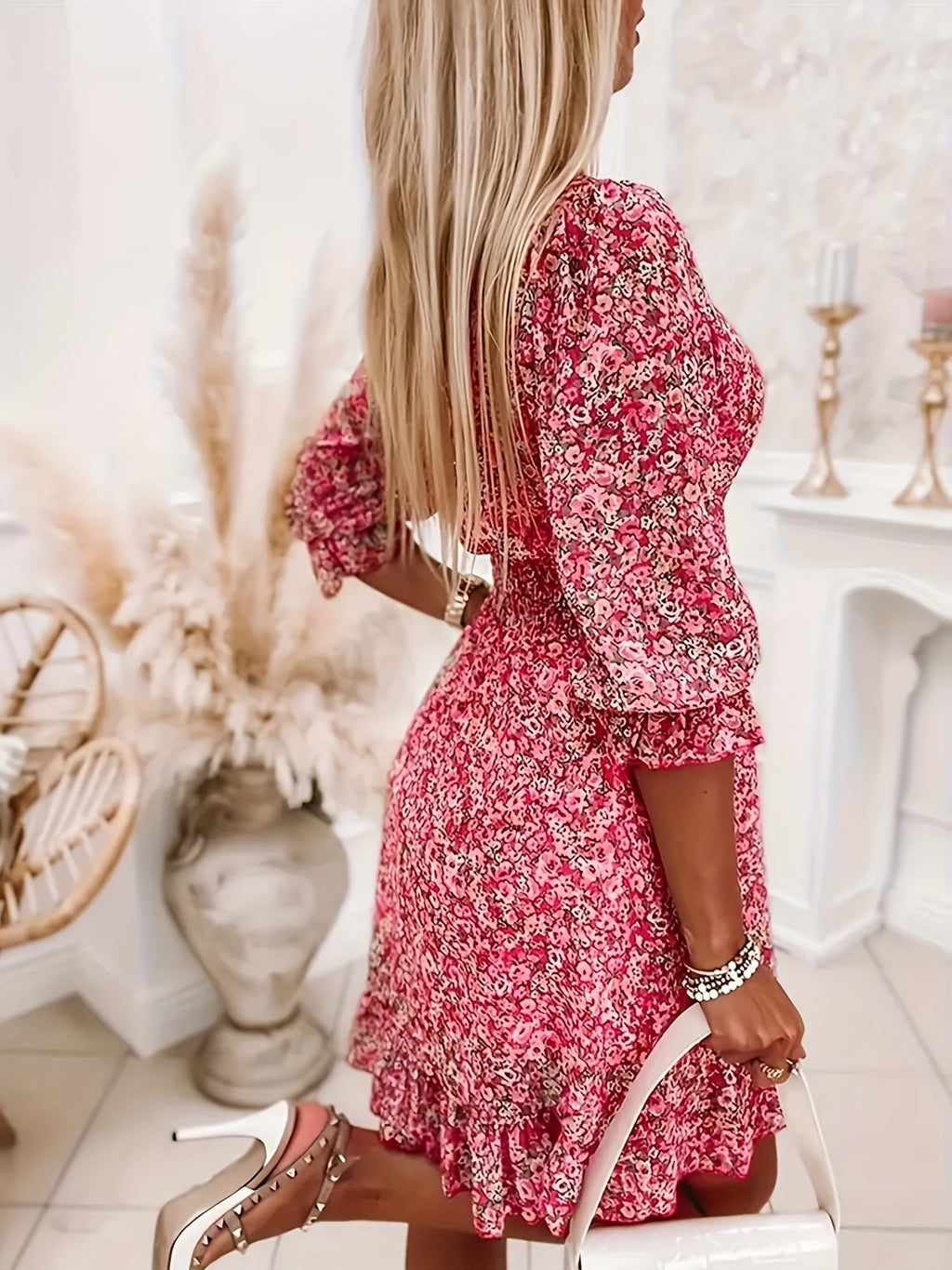 Floral V-Neck Dress with Ruffled Sleeves - Elegant A-Line Swing Dress