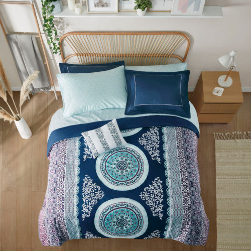 Queen Boho Comforter & Sheet Set - Navy Medallion Print Bedding