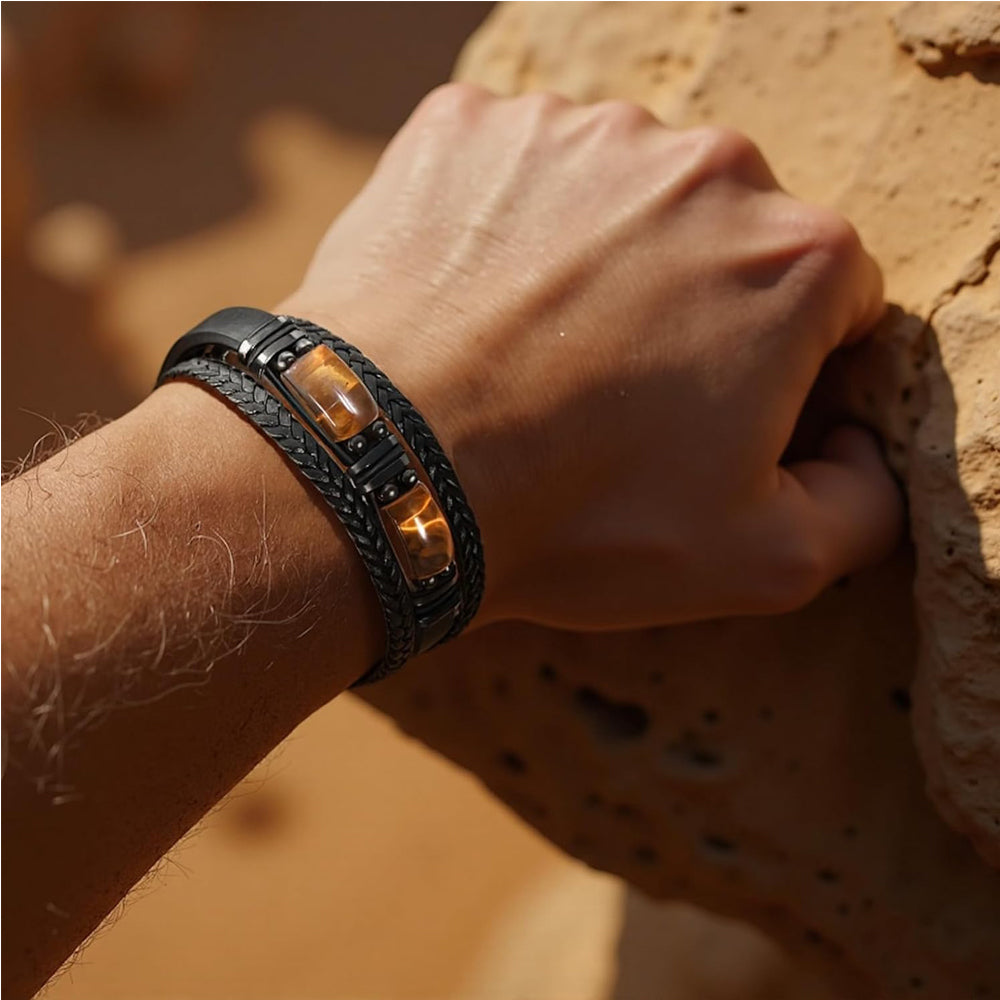 Natural Tiger Eye Stone & Leather Braided Healing Bracelet
