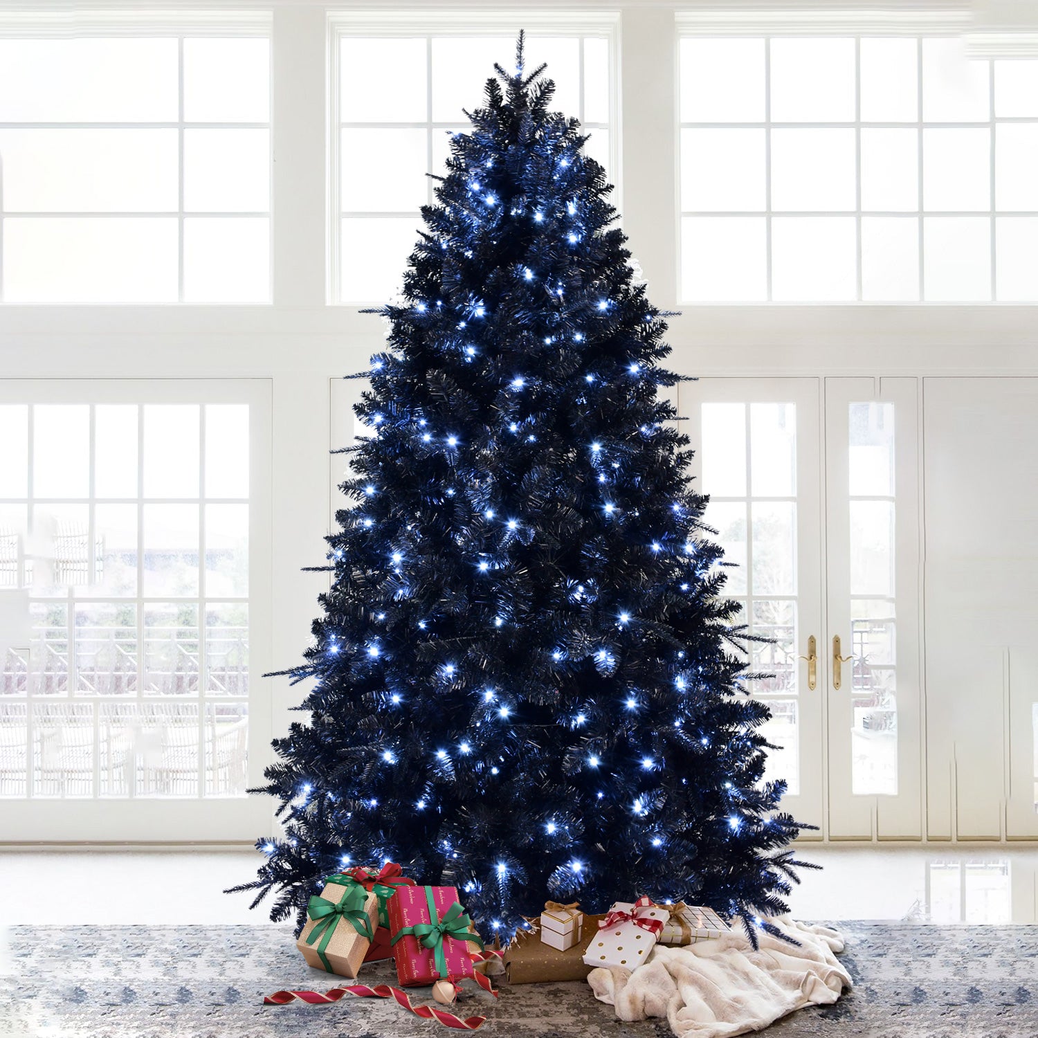 Pre-Lit Black Christmas Tree with White LED Lights - Halloween & Holiday Decor