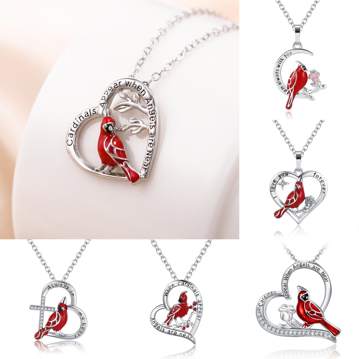 Heart Shaped Cardinal Pendant Necklace