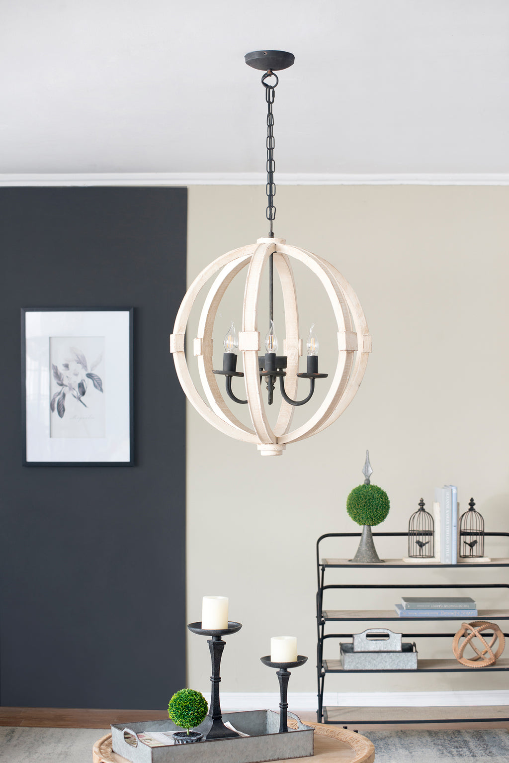 Distressed White Wood Chandelier - 6-Light Farmhouse Pendant