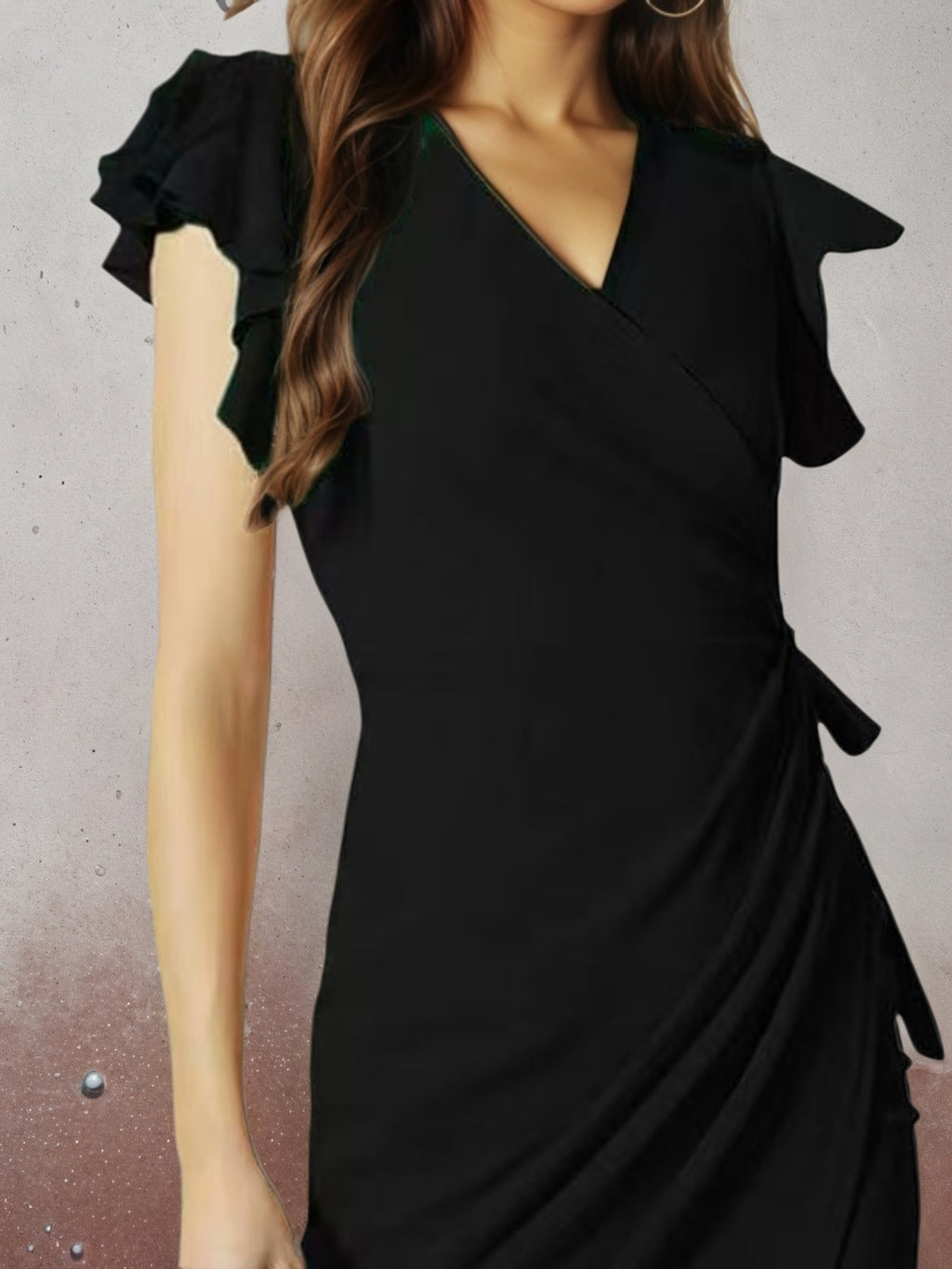 Women's Deep V-Neck Bodycon Dress - Pleated Ruffle Sleeve Fitted Dress