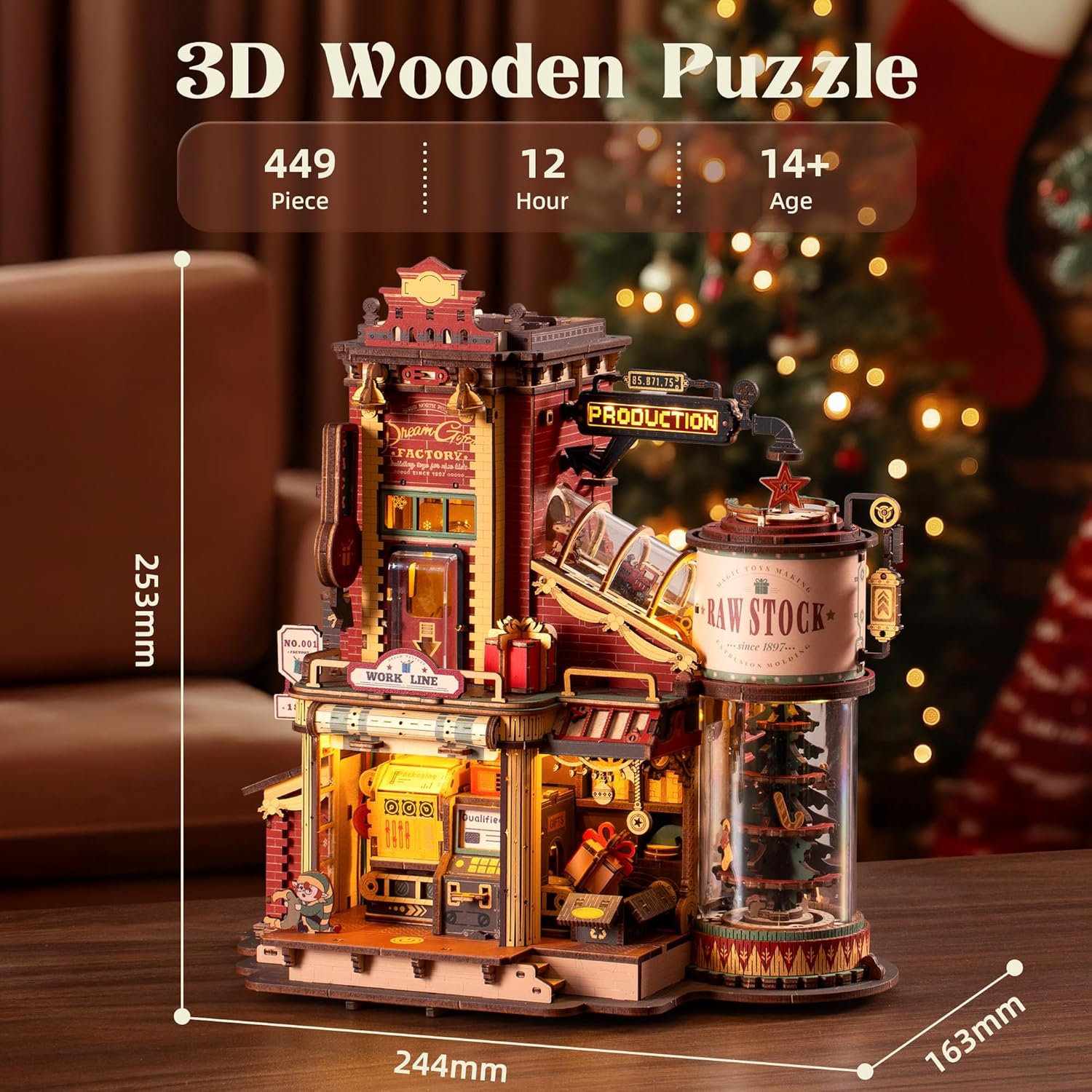 Robotime Gift Factory 3D Wooden Puzzle with Music & Lights - Animated Model Kit