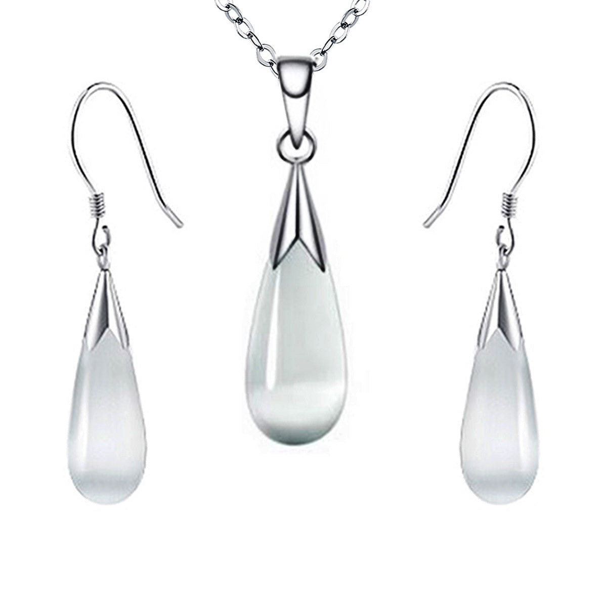 Moonstone Jewelry Set - 14K White Gold Plated Necklace & Earrings