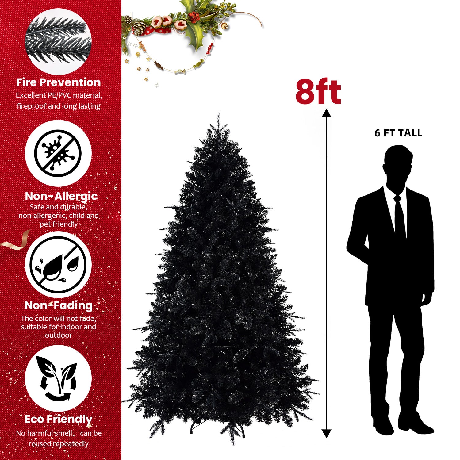 Pre-Lit Black Christmas Tree with White LED Lights - Halloween & Holiday Decor