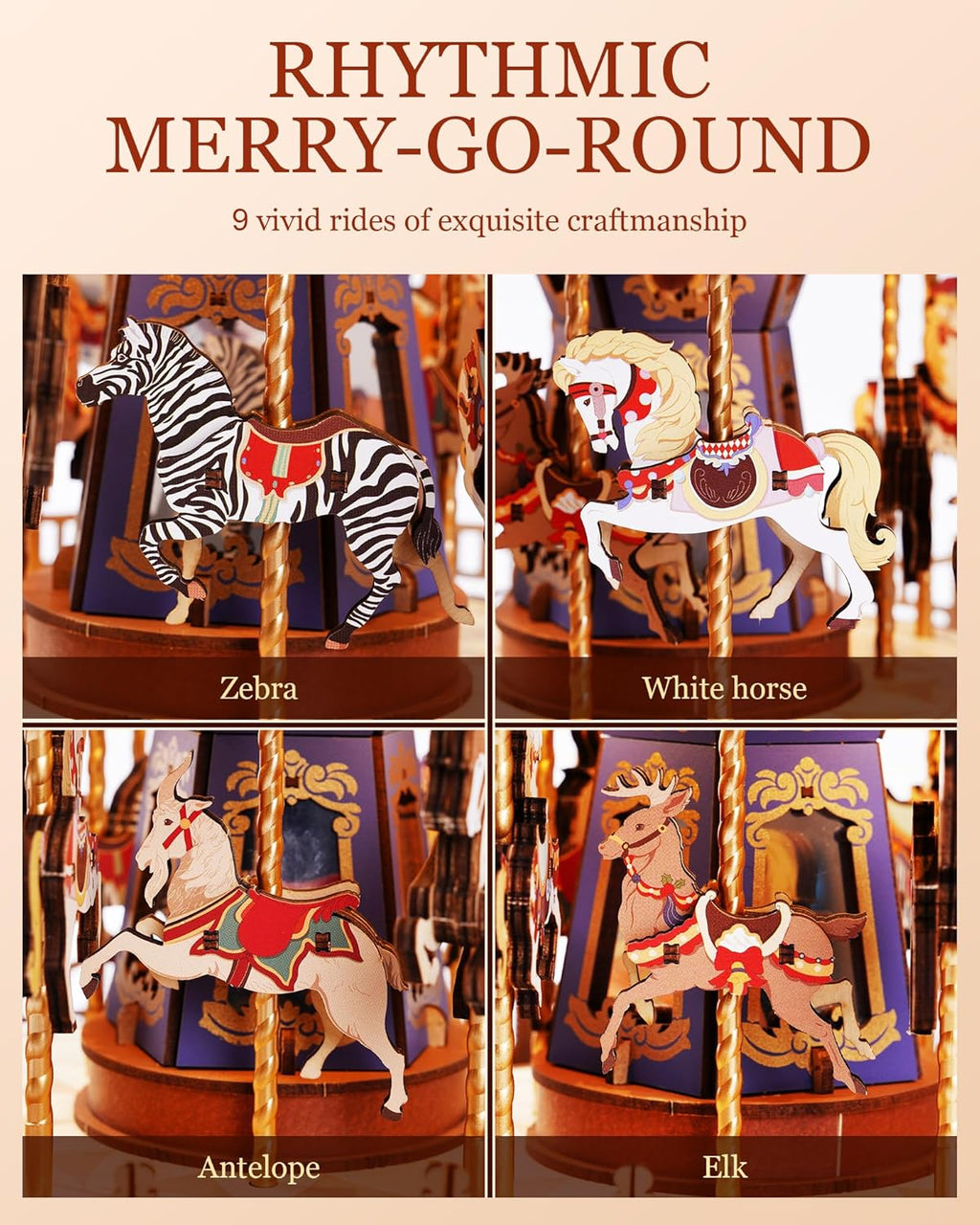 Robotime Classic Carousel Music Box 3D Wooden Puzzle with LED Lights - Mechanical Model Kit