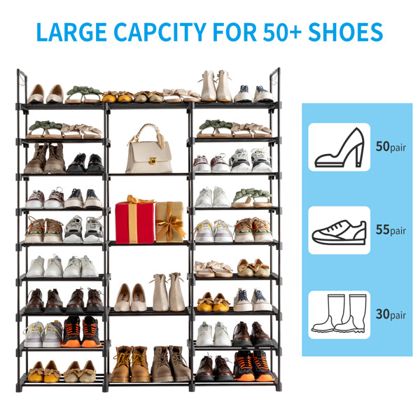 9-Tier Shoe Rack Organizer - Holds 50 Pairs with Hooks for Closet & Entryway