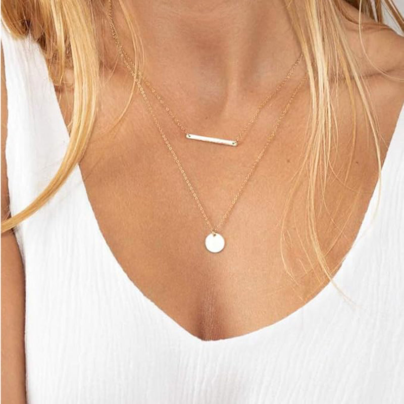 3-Piece 14K Gold Plated Layered Choker Necklace Set – Y Pendant, Bar & Disc