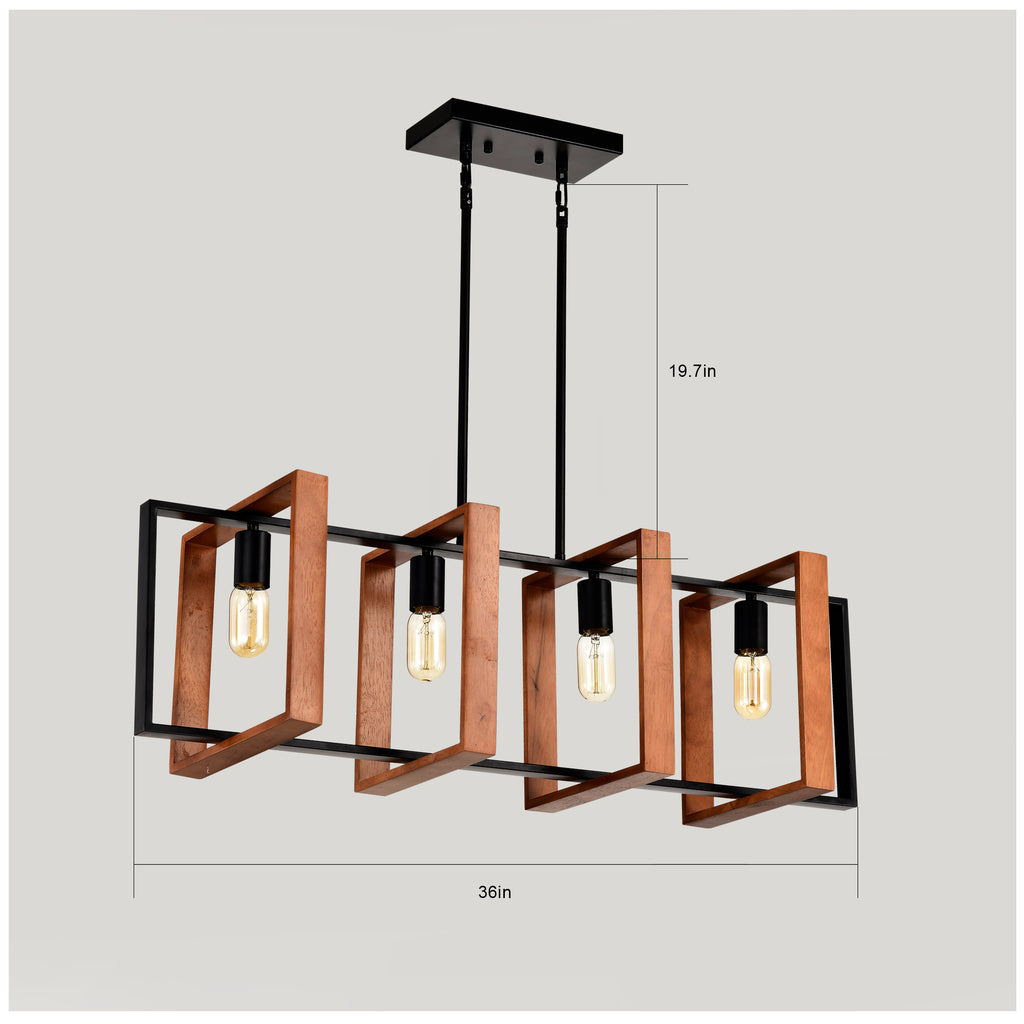Rustic Farmhouse Chandelier - 4-Light Wood & Black Metal Pendant (36")