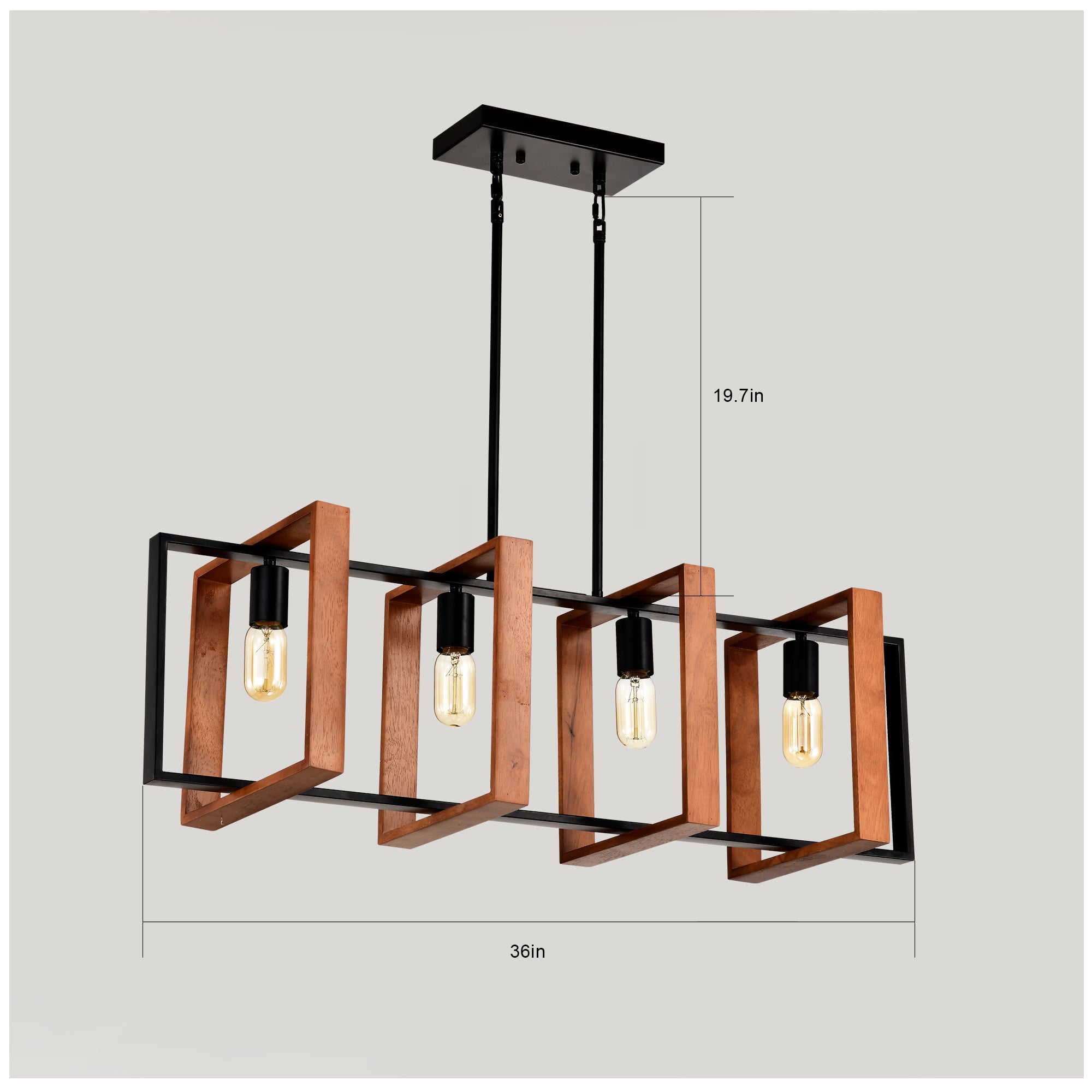 Rustic Farmhouse Chandelier - 4-Light Wood & Black Metal Pendant (36")