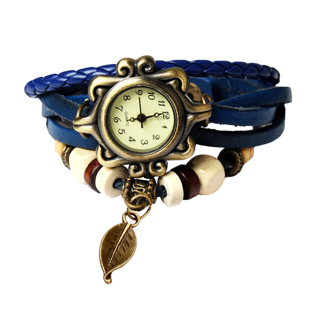 Bohemian Leaf Bracelet Watch - Handwoven Leather Band