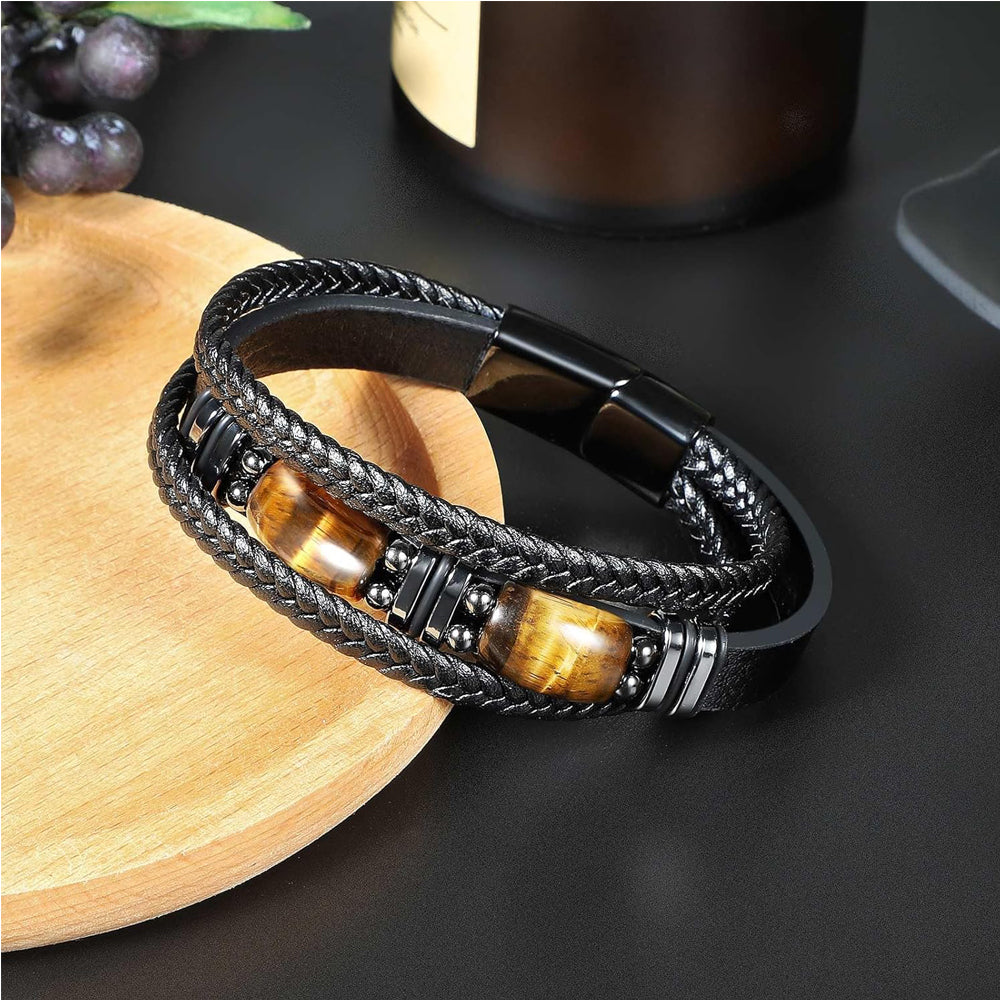 Natural Tiger Eye Stone & Leather Braided Healing Bracelet