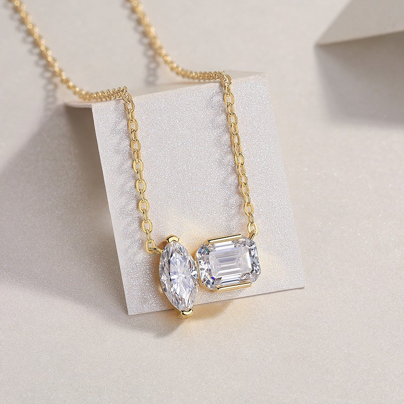 Dual Moissanite Pendant Necklace in S925 Sterling Silver with Gold Plating