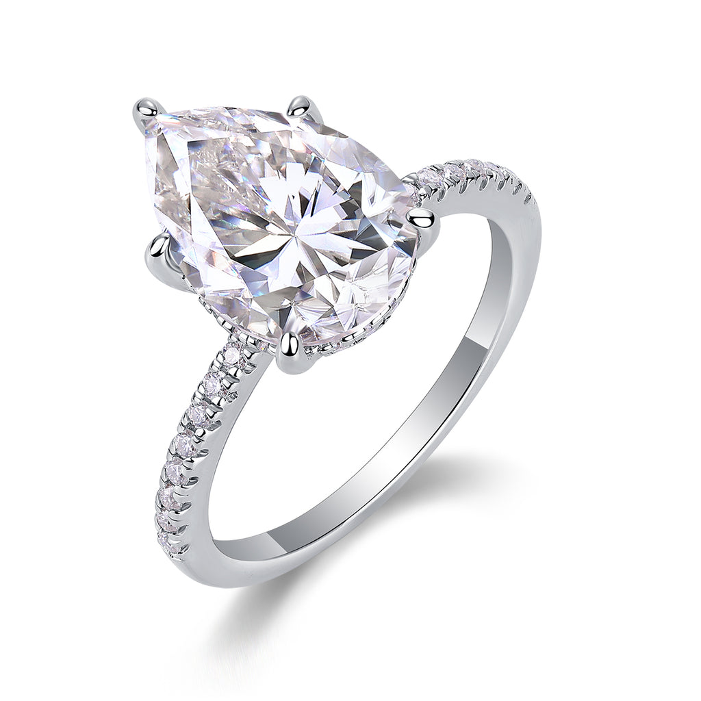 Light & Shadow Pear Moissanite Bezel Ring – S925 Sterling Silver, Platinum Plated