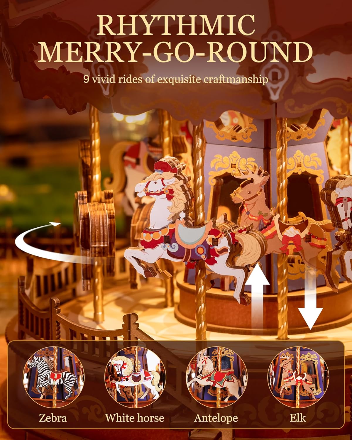 Robotime Classic Carousel Music Box 3D Wooden Puzzle with LED Lights - Mechanical Model Kit