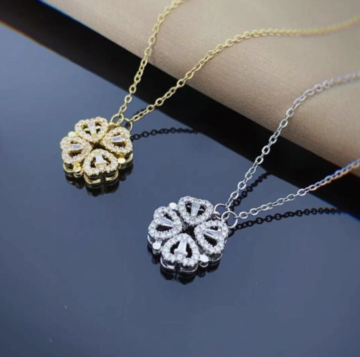 Retro Magnetic Folding Heart Shaped Four Leaf Clover Pendant Necklace Set