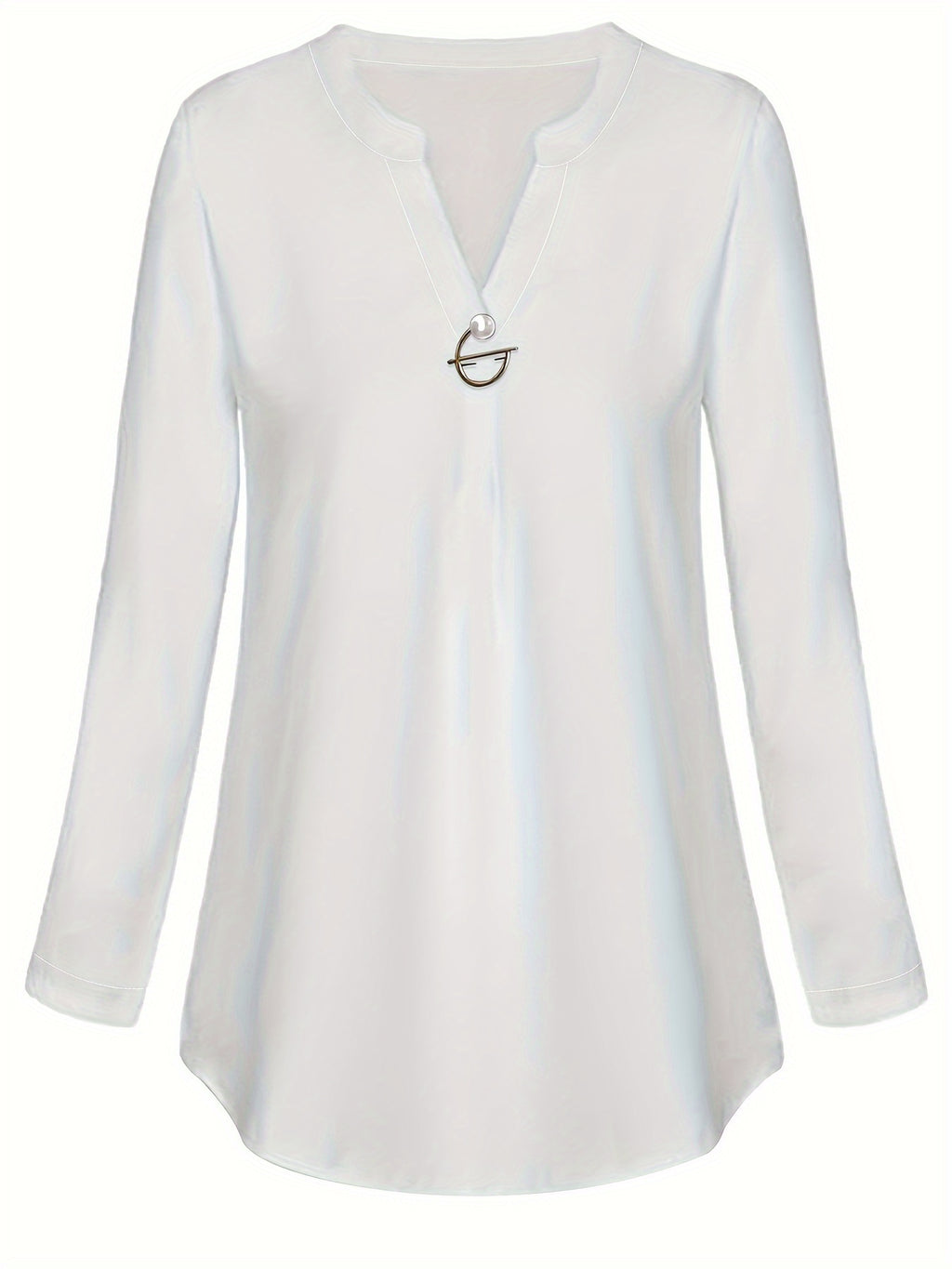 Women's V-Neck Pearl Button Shirt - Long Sleeve Casual Blouse